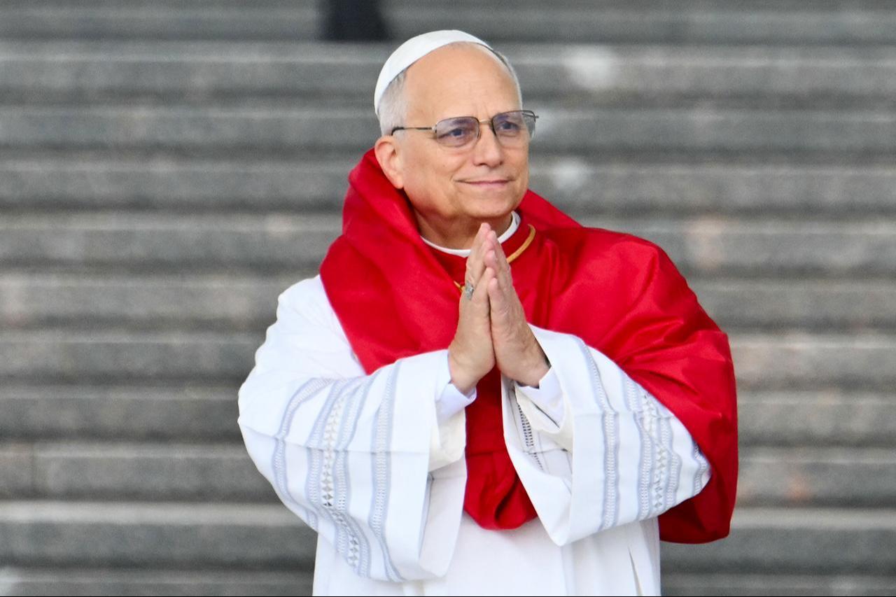 Pope Leo XIV gestures during a visit at the Maqam Echahid Martyrs’ Monument in El Madania, near Algiers, Algeria on April 13, 2026. (AFP Photo)