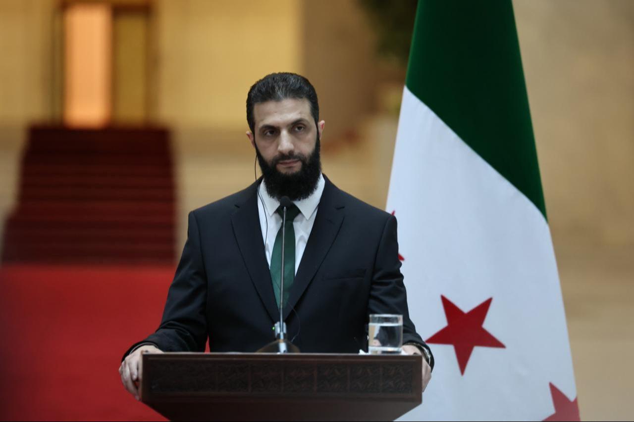 Syrian President Ahmed Al-Sharaa delivers a speech at a press conference following a meeting in Damascus, Syria, Dec.  22, 2024. (AA Photo)