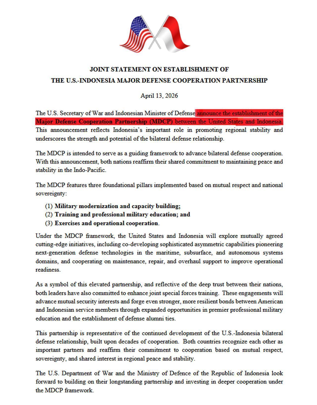 The US and Indonesia established the Major Defense Cooperation Partnership (MDCP) on April 13, 2026. (Photo via X)