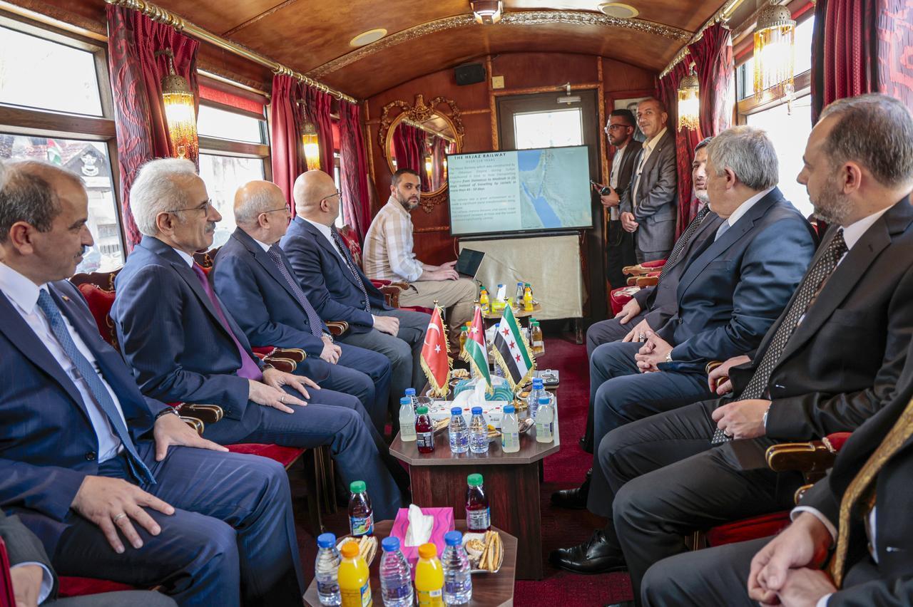 Transport and Infrastructure Minister Abdulkadir Uraloglu (second from left) visits the historic Hejaz Railway carriage with his Jordanian and Syrian counterparts in Amman, Jordan, April 9, 2026. (AA Photo)