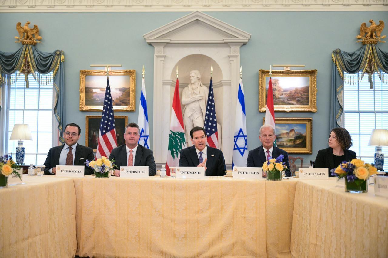 US Secretary of State Marco Rubio (C) speaks during a meeting with Lebanon's Ambassador to the US Nada Hamadeh Moawad (out of frame) and Israeli Ambassador to the US Yechiel Leiter (out of frame) in Washington, DC, April 14, 2026. (AFP Photo)