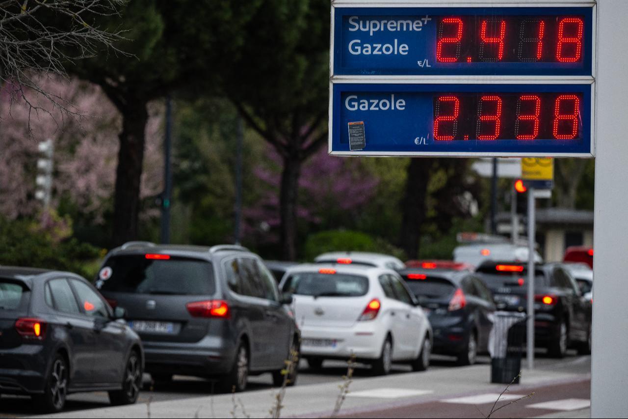 This photograph taken on April 3, 2026, shows the prices per litre for diesel fuel at a petrol station in Toulouse, southwestern France. (AFP Photo)