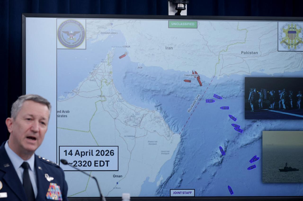 Chairman of the Joint Chiefs of Staff Gen. Dan Caine speaks as he displays a map showing the United States Navy's blockade of the Strait of Hormuz during a press briefing at the Pentagon on April 16, 2026 in Arlington, Virginia. (AFP Photo)