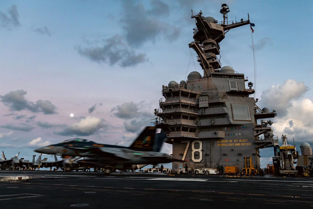 An F/A-18F Super Hornet aircraft lands on the flight deck of USS Gerald R. Ford (CVN 78) while operating in the Eastern Mediterranean Sea in support of Operation Epic Fury, March 2, 2026. (Photo via U.S. Navy)