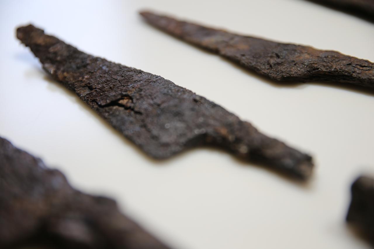 Several iron knives dating to the Late Roman and Early Byzantine periods are displayed after restoration at Hadrianopolis in Karabuk, Türkiye, April 17, 2026. (AA Photo)