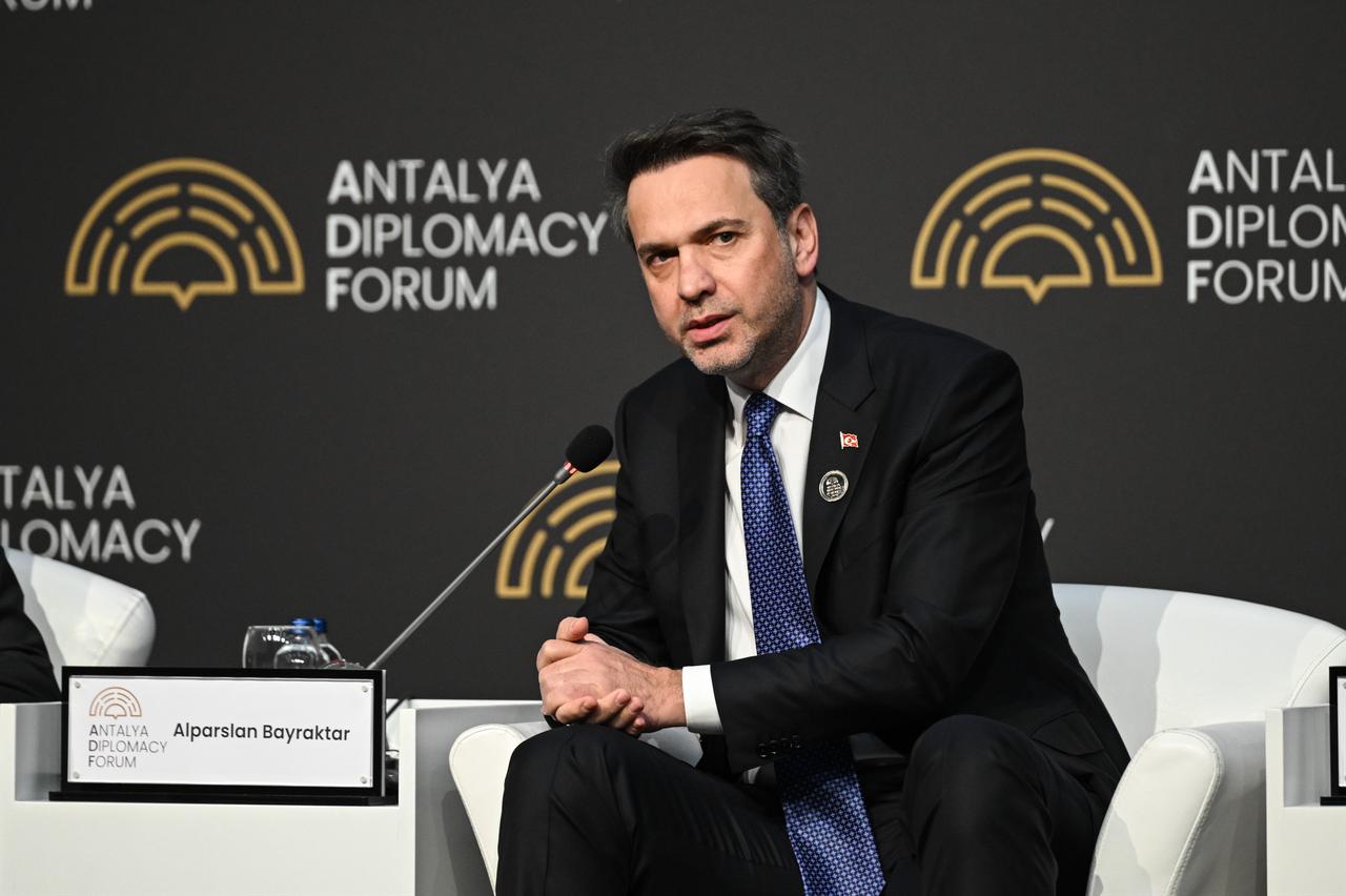Minister of Energy and Natural Resources, Republic of Turkiye, Alparslan Bayraktar (C) speaking at Antalya Diplomacy Forum in Antalya, April 17, 2026. (AA Photo)