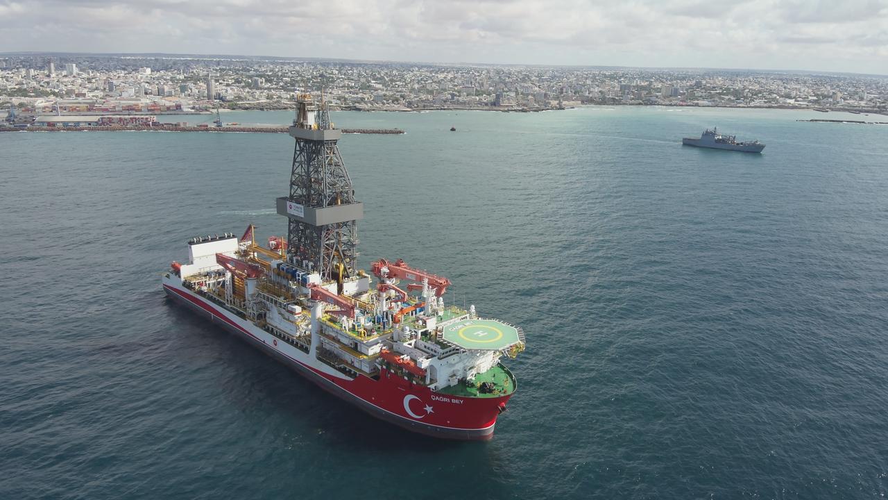 Türkiye's ultra-deepwater drillship, Cagri Bey, departs from the Port of Mogadishu to begin its first-ever overseas deep-sea drilling operation at the CURAD-1 well site in Mogadishu, Somalia, April 12, 2026. (Photo via Turkish Ministry of Energy)