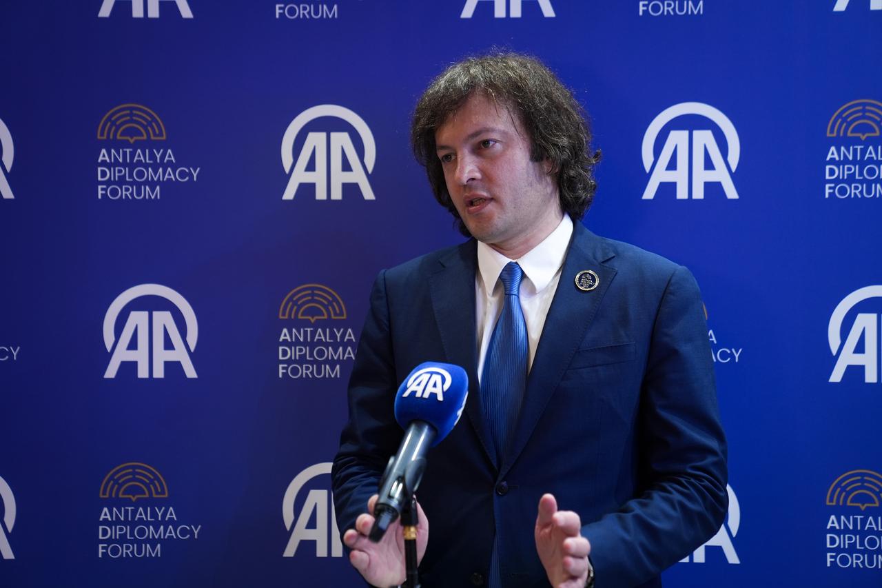 Georgian Prime Minister Irakli Kobakhidze speaks to a reporter during the Antalya Diplomacy Forum in Antalya, Türkiye, April 17, 2026. (AA Photo)