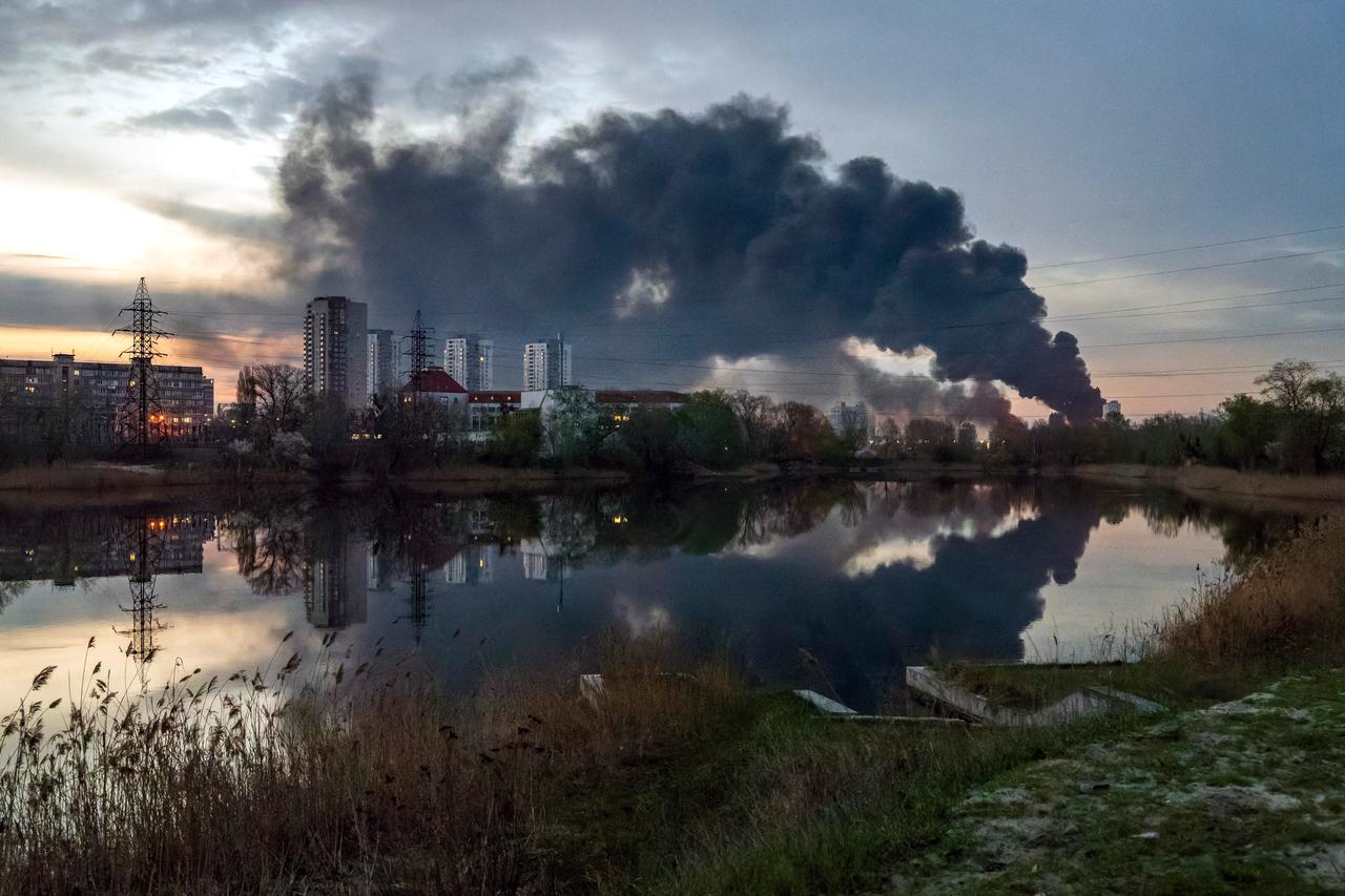 Smoke rises above buildings following an air attack in Kyiv on April 16, 2026, amid the Russian invasion of Ukraine. (AFP Photo)
