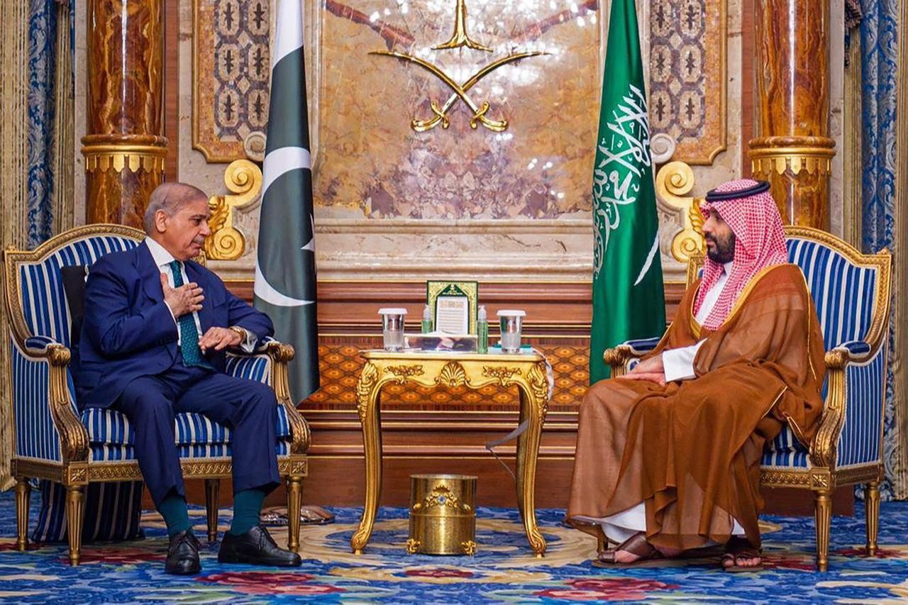 This handout photo shows Saudi Arabia's Crown Prince Mohammed bin Salman (R) speaking with Pakistan’s Prime Minister Shehbaz Sharif during their meeting in Jeddah on April 16, 2026. (Photo by SPA/AFP)
