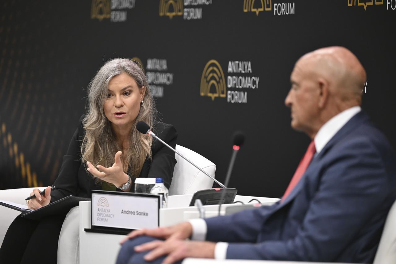 U.S. Ambassador to Ankara and Special Representative for Syria, Thomas J. Barrack, speaking at a panel at the 5th Antalya Diplomacy Forum (ADF), April 17, 2026. (AA Photo)
