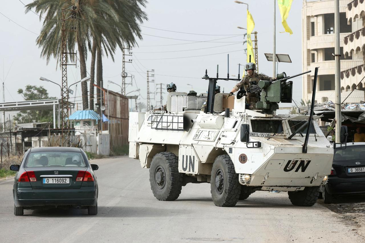 A French contingent of the United Nations Interim Force in Lebanon (UNIFIL) patrols the southern Lebanese area of Al-Qasmiyeh, April 18, 2026. (AFP Photo)