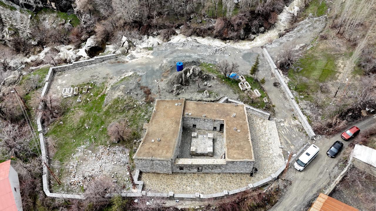 Aerial view shows the courtyard-centered layout of Zeynel Bey Madrasa following restoration works in Hakkari, Türkiye. (AA Photo)