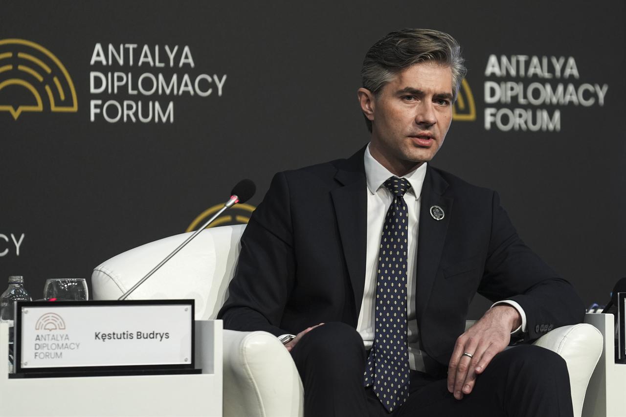 Kestutis Budrys, Minister of Foreign Affairs of the Republic of Lithuania, attends a panel at the Antalya Diplomacy Forum, held in Antalya, Türkiye, April 18, 2026. (AA Photo)