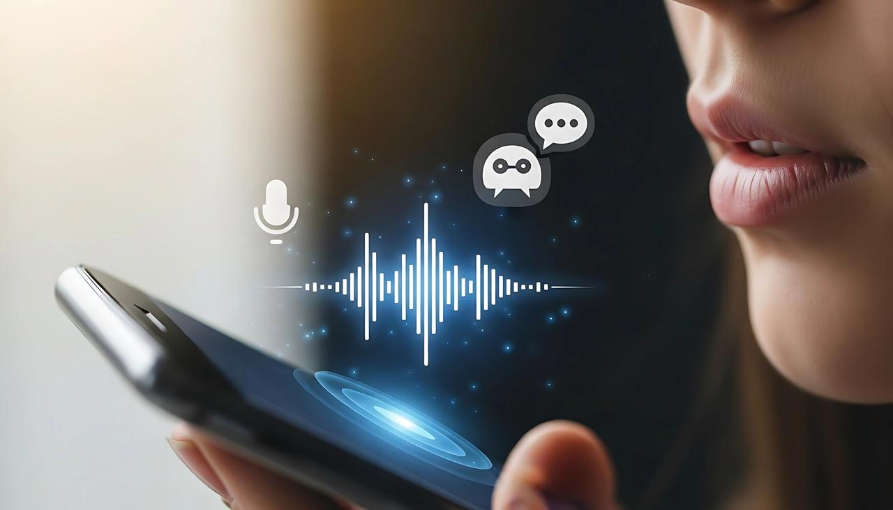 A person speaks into a smartphone with voice assistant and AI interface icons displayed in an unspecified location, undated. (Adobe Stock Photo)
