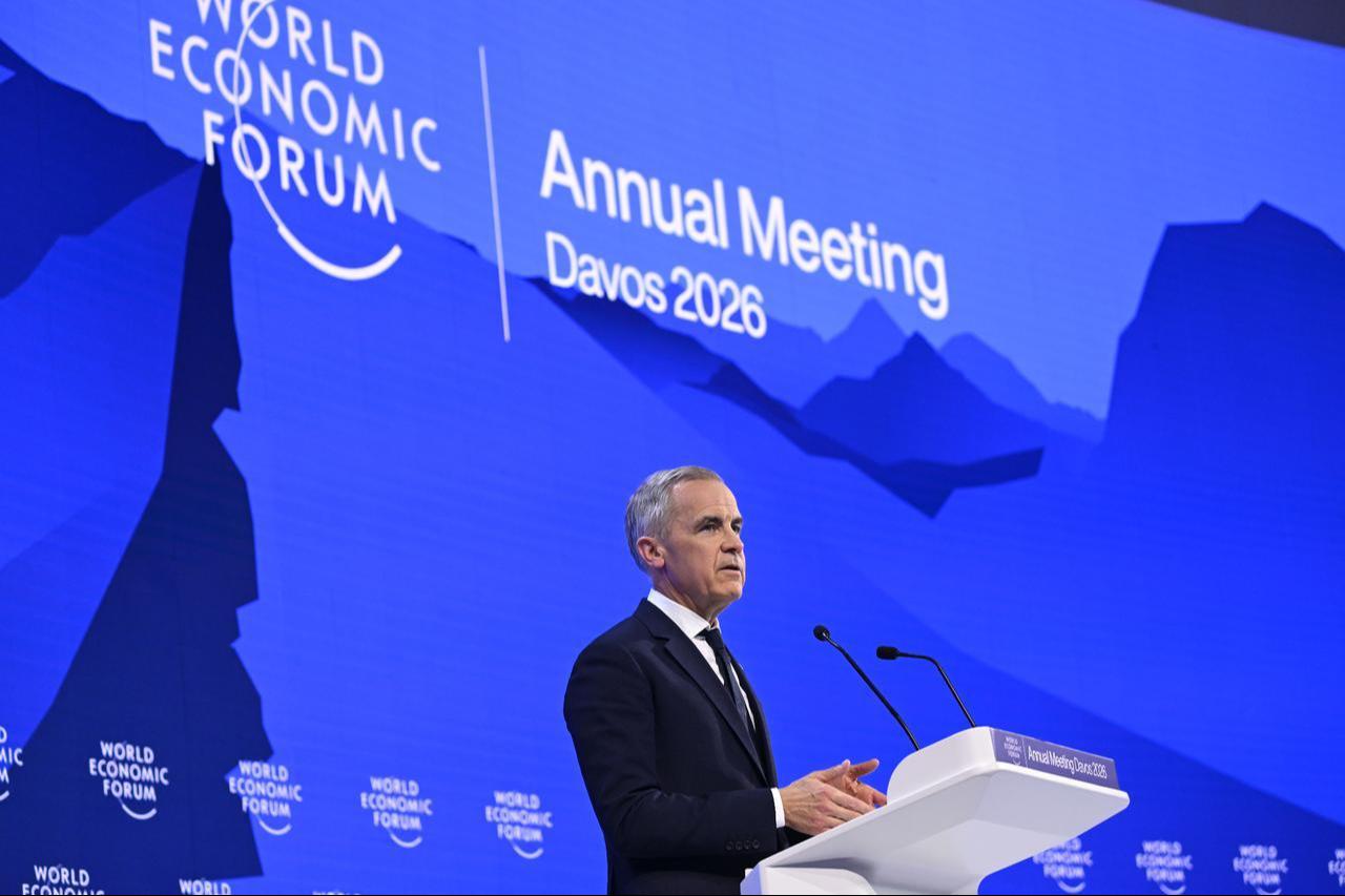 Canadian Prime Minister Mark Carney delivers a speech at the World Economic Forum Annual Meeting held in Davos, Switzerland, Jan. 20, 2026. (AA Photo)