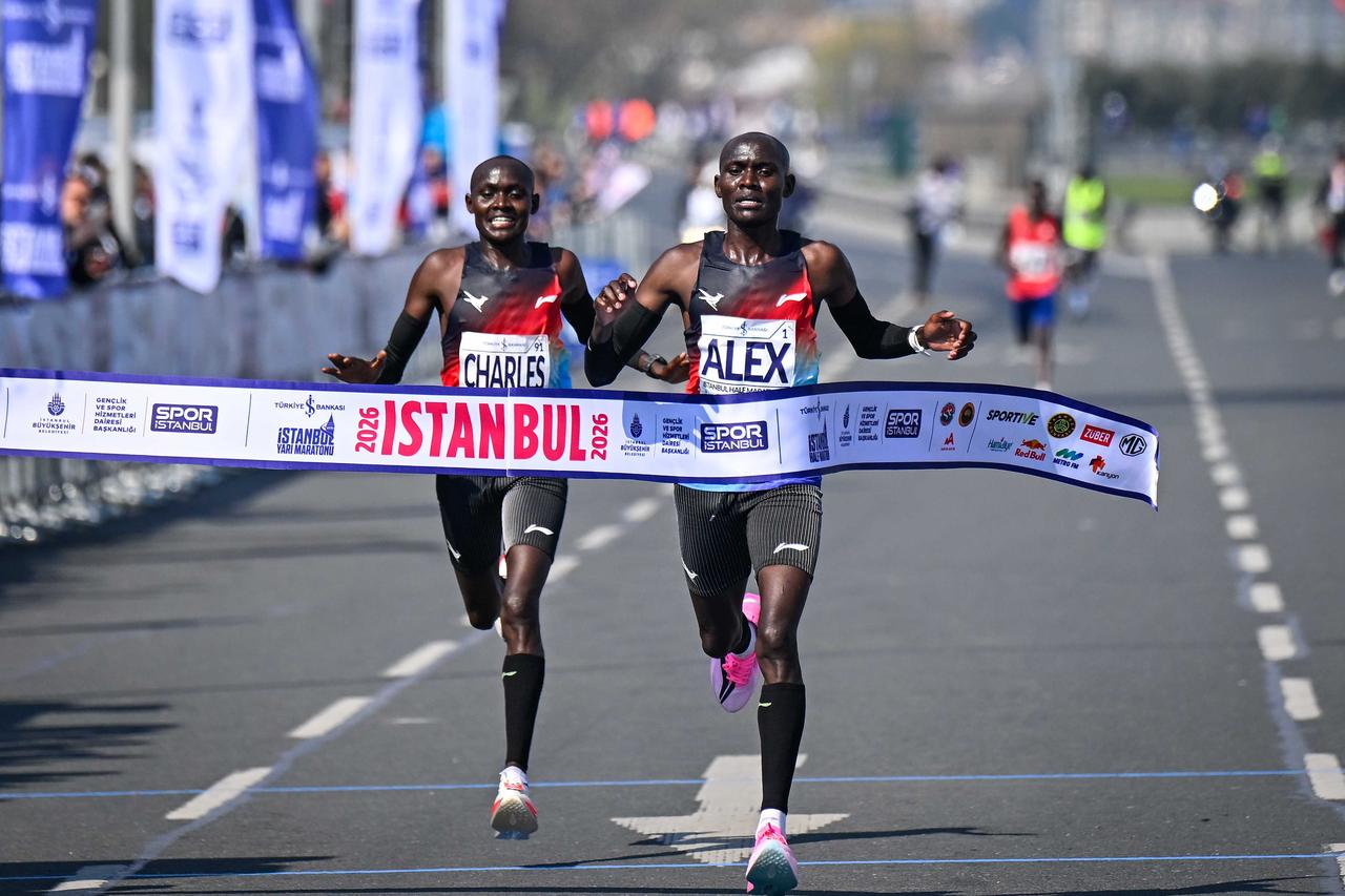 Kenya’s Alex Matata crosses the finish line to secure victory in the men’s elite race at the 21st Istanbul Half Marathon, held in Istanbul’s Historic Peninsula, Türkiye, April 19, 2026. (AA Photo)