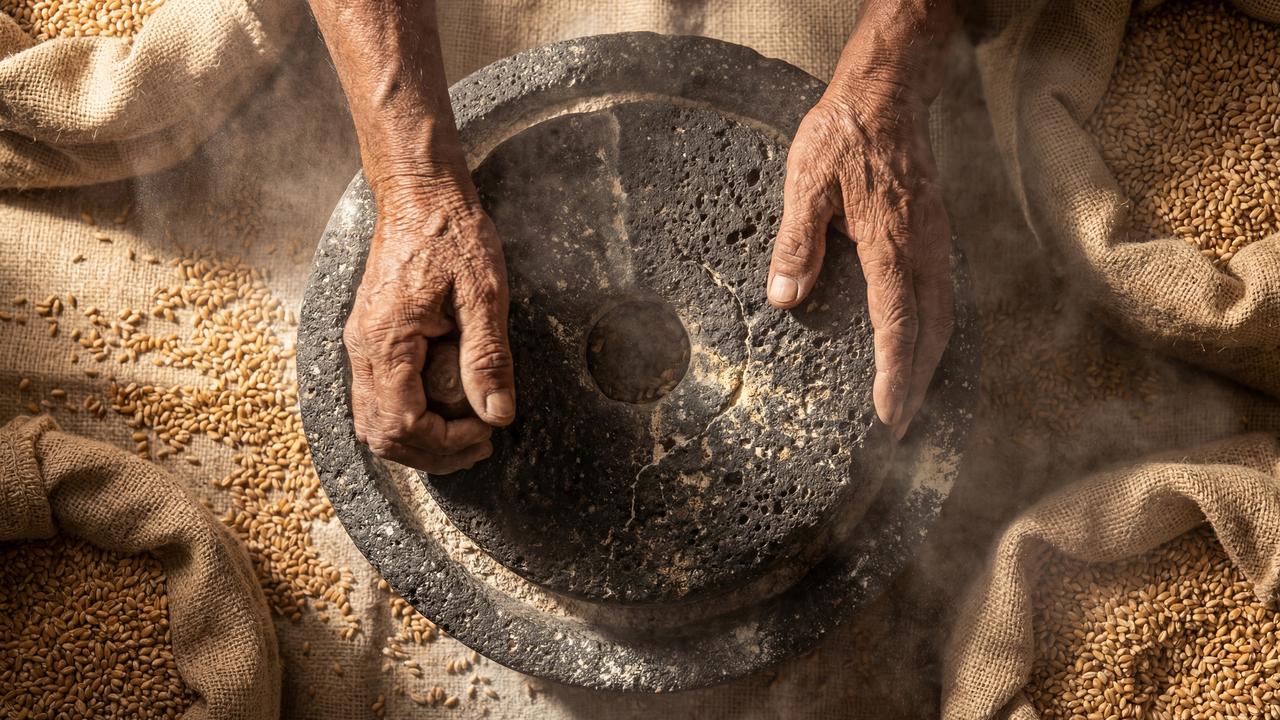 Hands grind wheat grains using a traditional stone mill surrounded by burlap sacks in an unspecified location, undated. (Adobe Stock Photo)