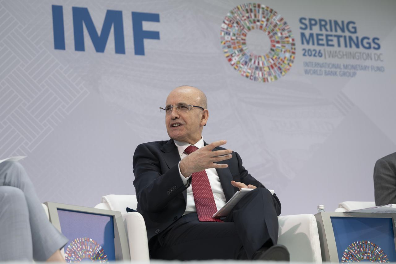 Treasury and Finance Minister Mehmet Simsek speaks at the panel titled “The Future of Economic Integration in a Fragmenting World” during the IMF-World Bank Spring Meetings in Washington, D.C., U.S, April 18, 2026. (AA Photo)