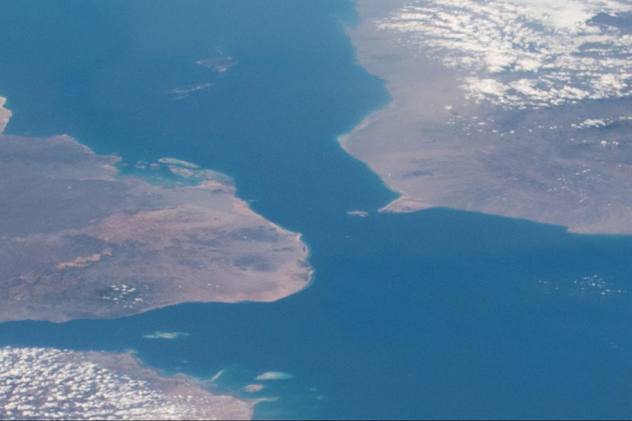 Photo of the Bab-el-Mandeb (the strait between the Red Sea and the Gulf of Aden), taken from outer space during ISS Expedition 62 on Feb, 23, 2020. (NASA Johnson Space Center Photo)