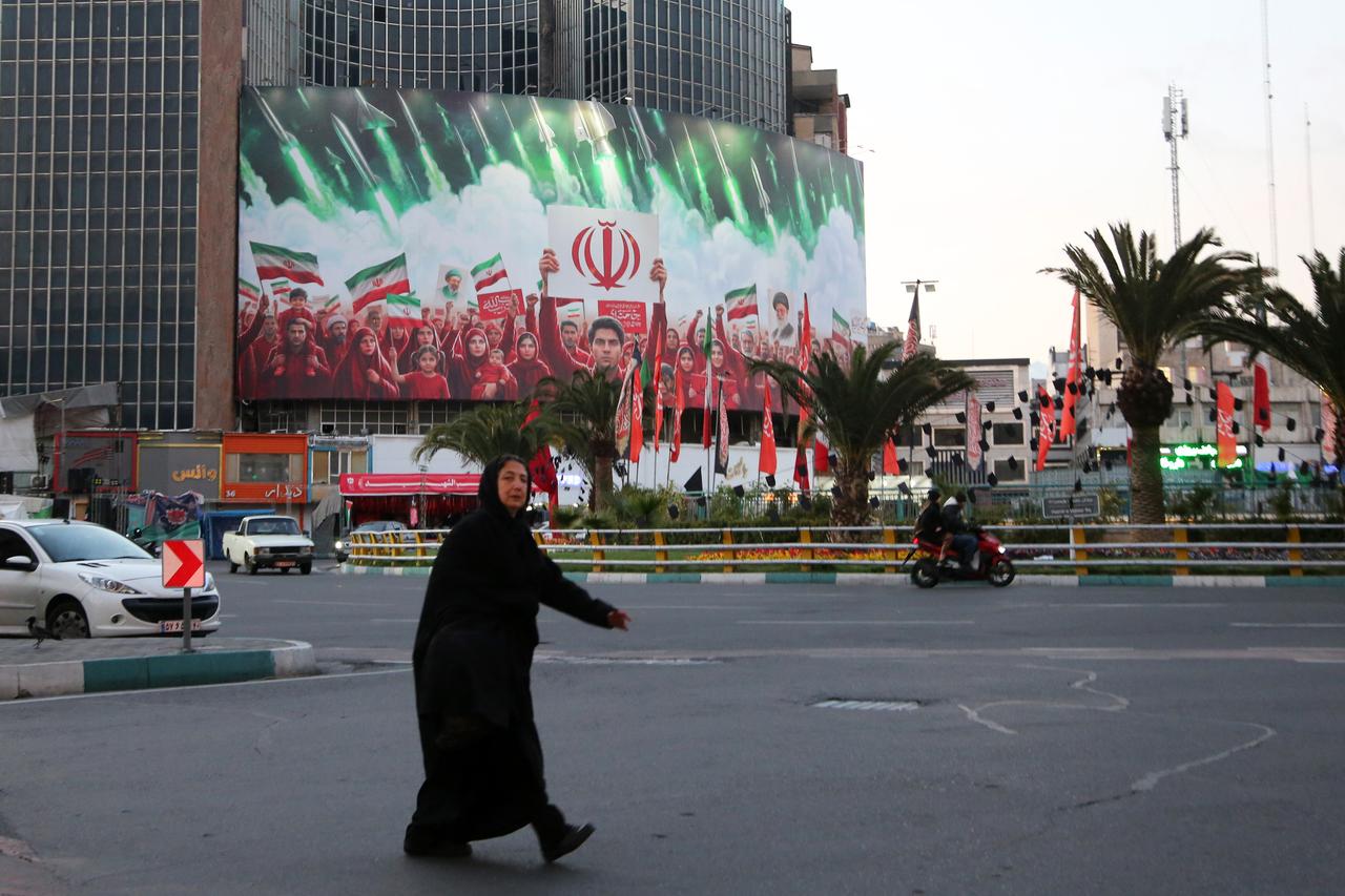 A view of a gigantic poster in Tehran, Iran, as daily life continues despite the ongoing conflict, on April 1, 2026. (AA Photo)