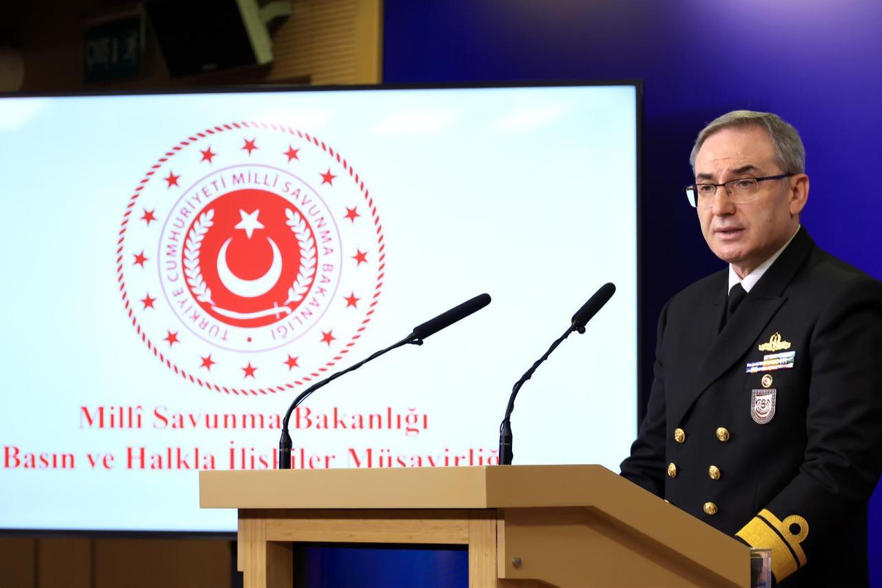 Turkish Ministry of National Defense (MoND) Spokesperson Rear Admiral Zeki Akturk speaks during a weekly briefing in Ankara, Türkiye, April 2, 2026. (AA Photo)