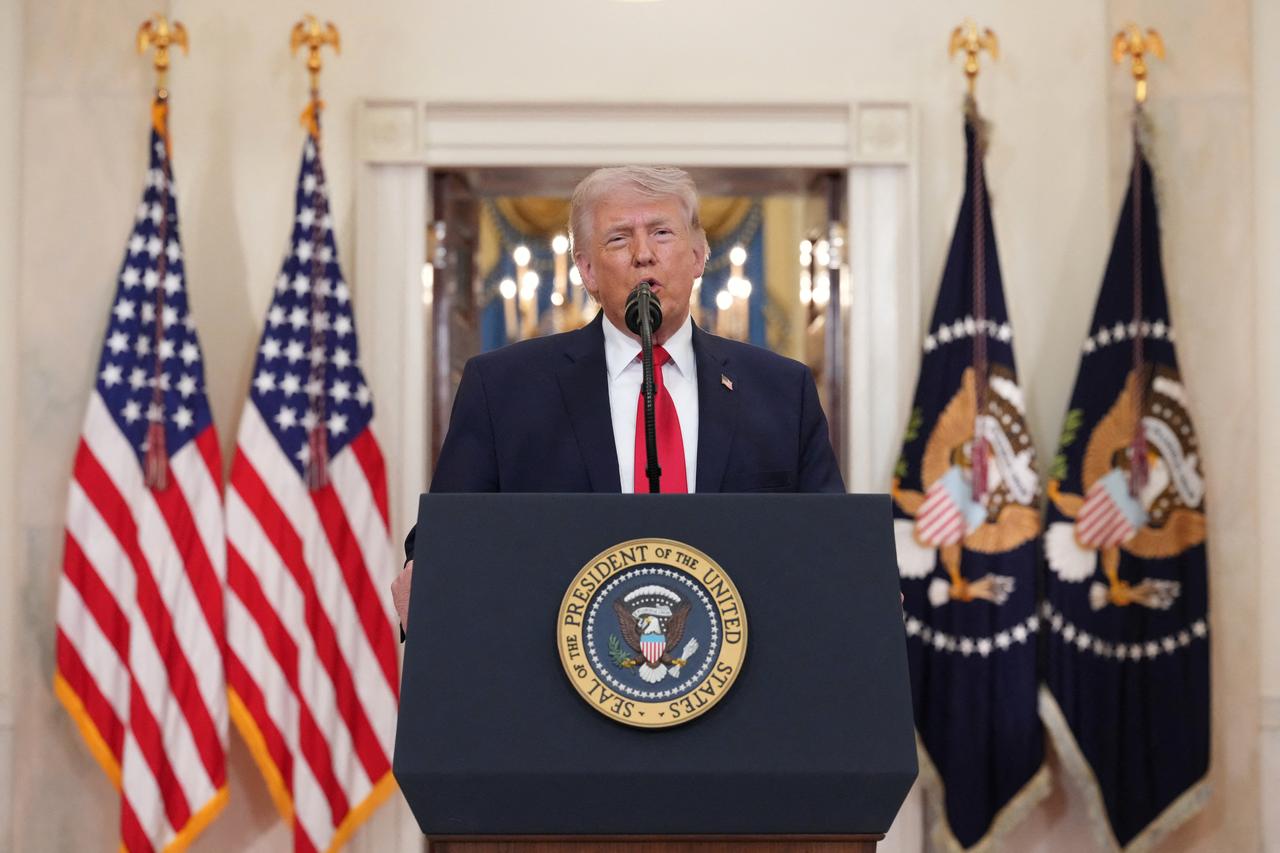 US President Donald Trump speaks during a televised address on the conflict in the Middle East from the Cross Hall of the White House in Washington, DC, April 1, 2026. (AFP Photo)