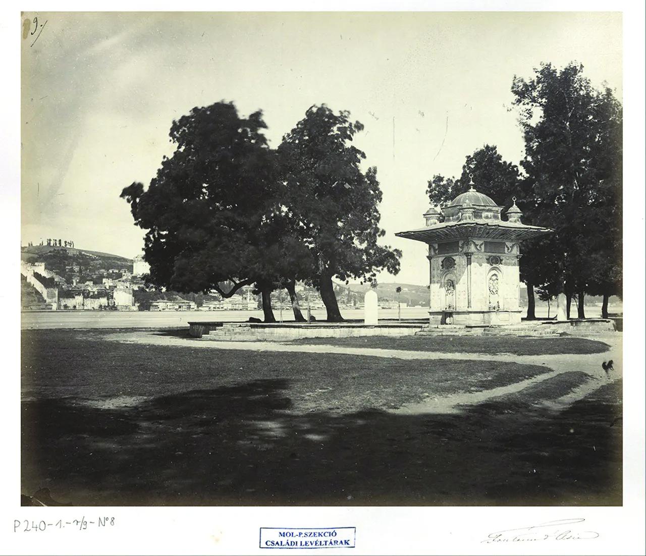 A 19th-century photograph of the Kucuksu Fountain on the Bosporus shore, surrounded by landscaped grounds and waterfront views, reflecting Ottoman-era urban design. (Photo via Türkiye daily)