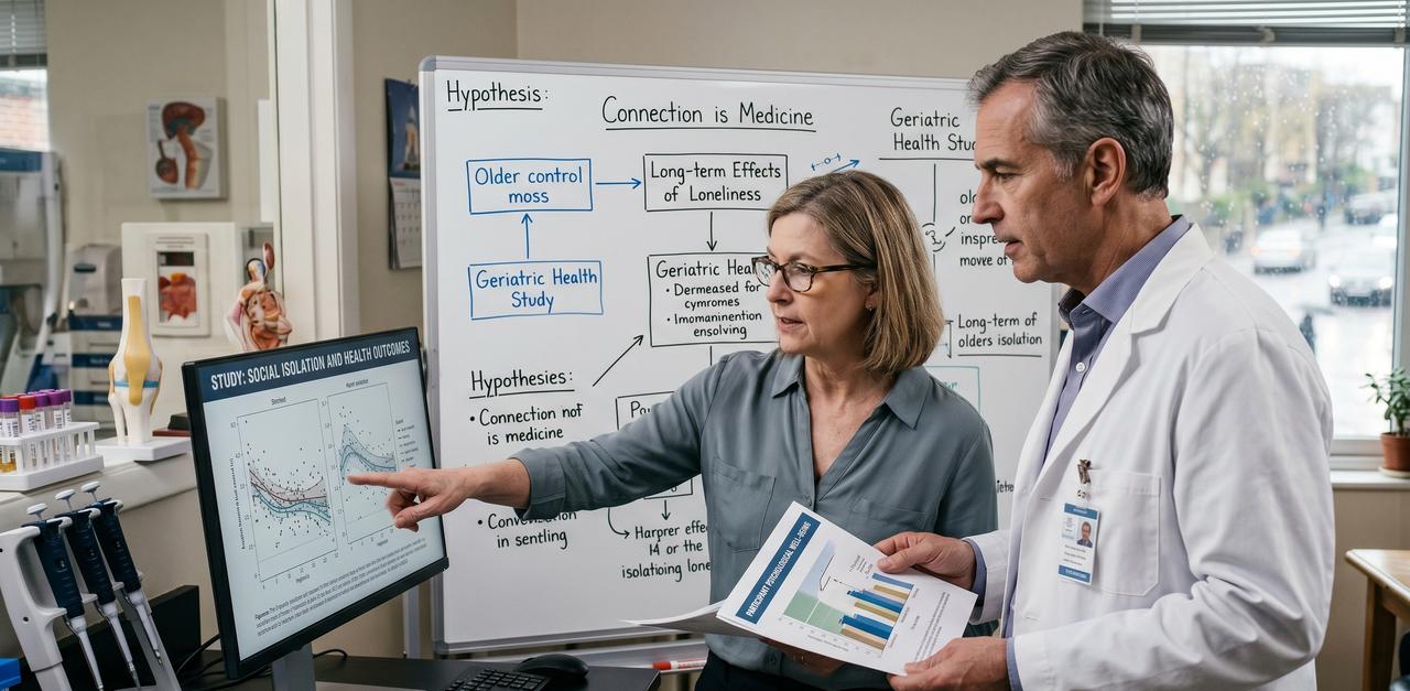 Healthcare professionals review research on loneliness and geriatric health in a clinical setting in an undated AI-generated image. (Photo generated by Gemini)