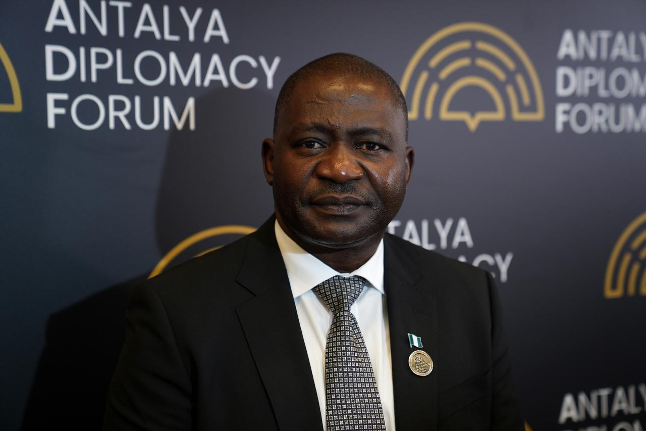 Nigeria’s Minister of Defense Christopher Gwabin Musa answers questions during an interview on the sidelines of Antalya Diplomacy Forum in Antalya, April 17, 2026. (AA Photo)