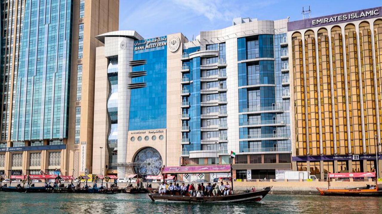 The head offices of Iran's Bank Melli in Dubai's Deira district are pictured on March 9, 2026. (AFP Photo)