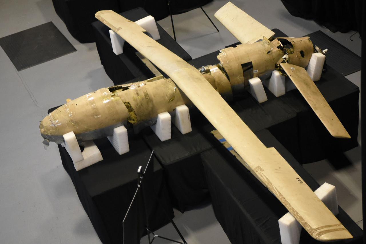 Remains of a Shahed-123 unmanned aerial vehicle are seen at the Iranian Materiel Display at Joint Base Anacostia-Bolling, Washington, D.C., Nov. 26, 2018. (Photo via DoD)