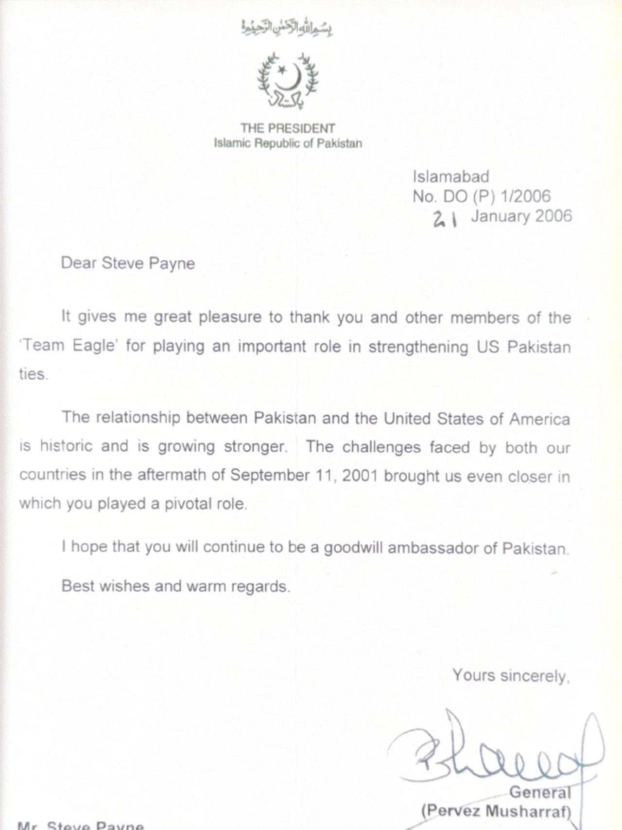 In a letter dated January 21, 2006, former Pakistani President Pervez Musharraf thanked Stephen Payne for his contributions to Pakistan–U.S. relations. (Personal archive)