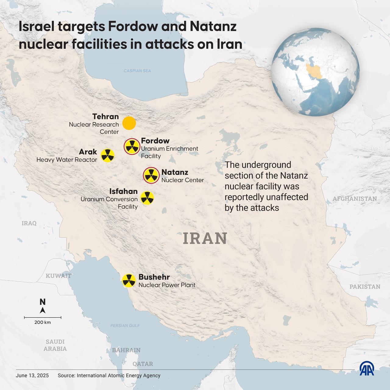 Map shows key Iranian nuclear facilities, including Fordow and Natanz, targeted in U.S. and Israeli strikes in June 2025. (AA image)