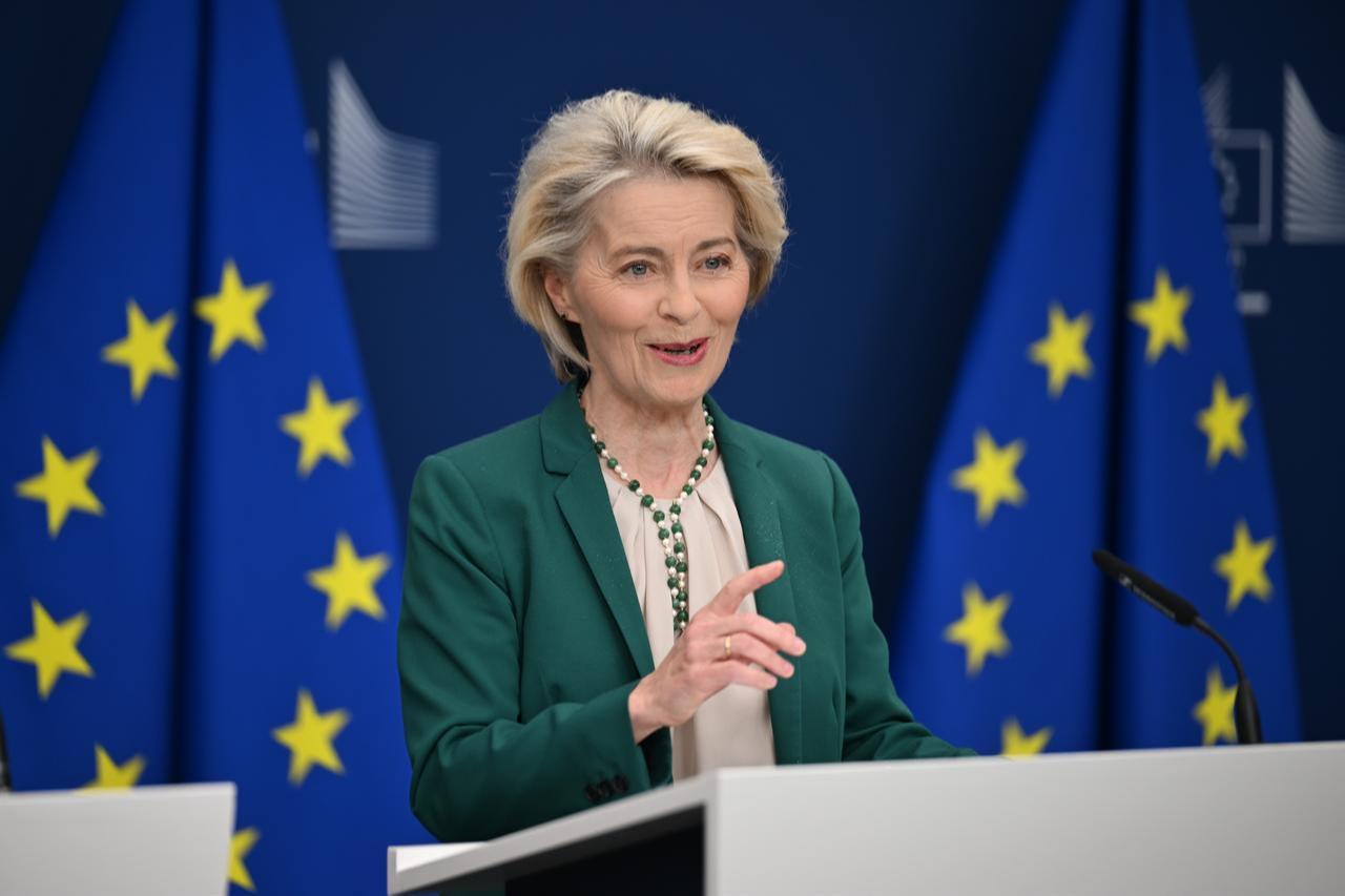 European Commission President Ursula von der Leyen holds a press conference in Brussels, Belgium, April 15, 2026. (AA Photo)