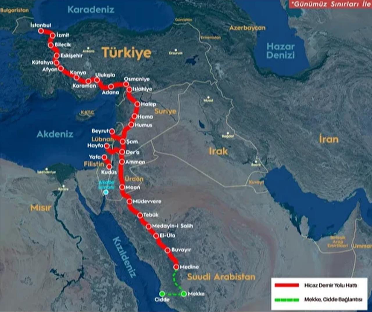 Map showing the historic Hejaz Railway route from Istanbul to Medina, originally built during the Ottoman era, with key stops across Türkiye, Syria, Jordan and Saudi Arabia. (Image via Türkiye’s Transport and Infrastructure Ministry)