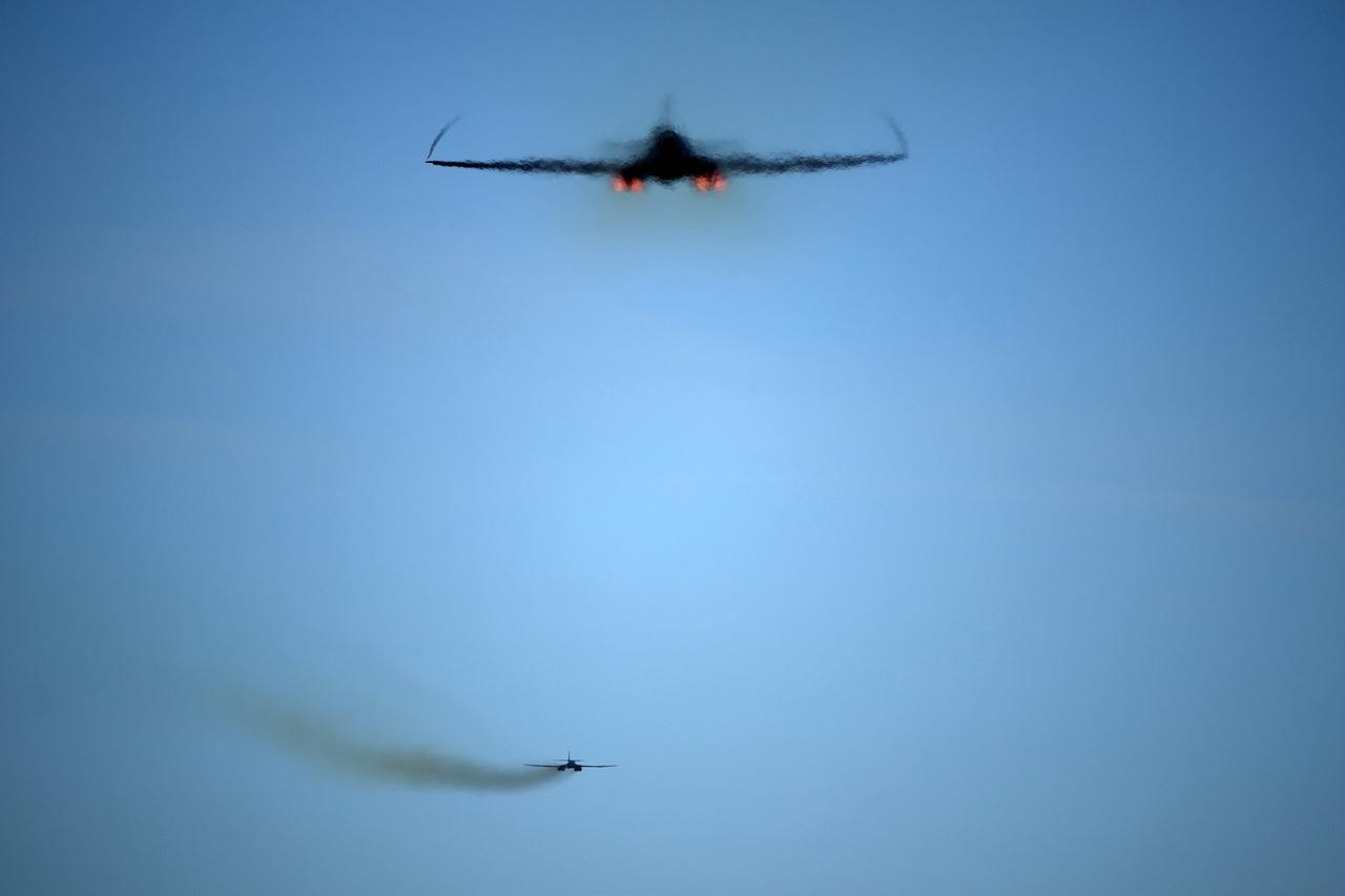 US Air Force (USAF) B-1 Lancer bomber jets takes off from RAF Fairford in south-west England on March 14, 2026. (AFP Photo)