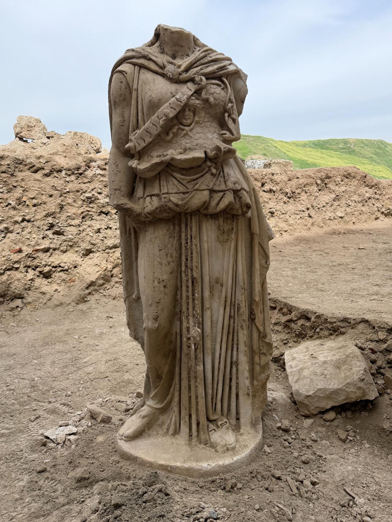 Marble statue of Athena stands at the excavation site in Laodikeia, Denizli, Türkiye, April 23, 2026. (AA Photo)