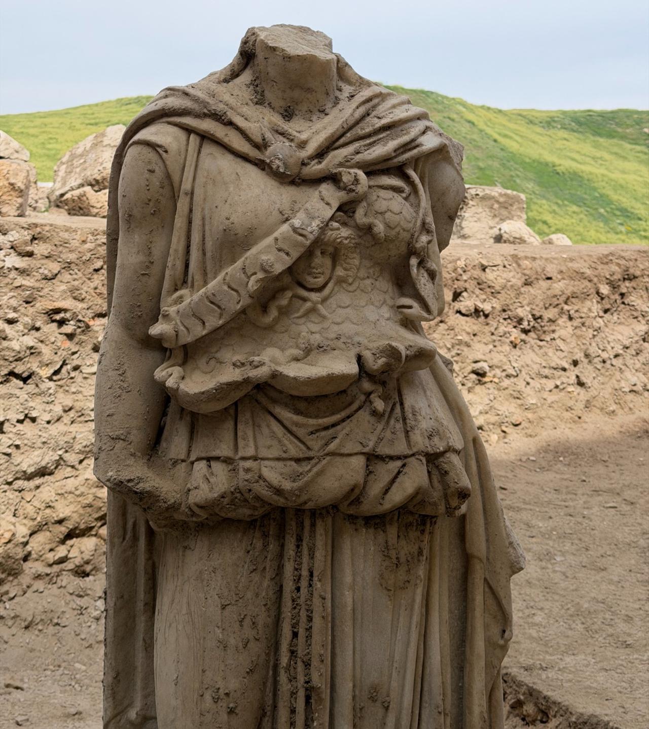 Sophisticated carvings define the torso of the newly discovered goddess statue in Laodikeia, Denizli, Türkiye, April 23, 2026. (AA Photo)