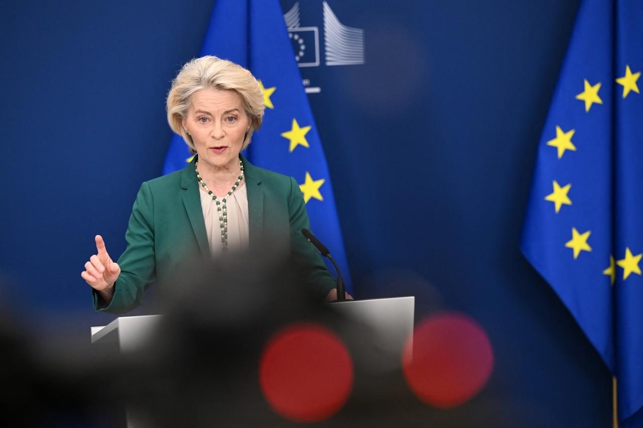 European Commission President Ursula von der Leyen addresses a statement about the EU digital age verification app in Brussels on April 15, 2026. (AFP Photo)