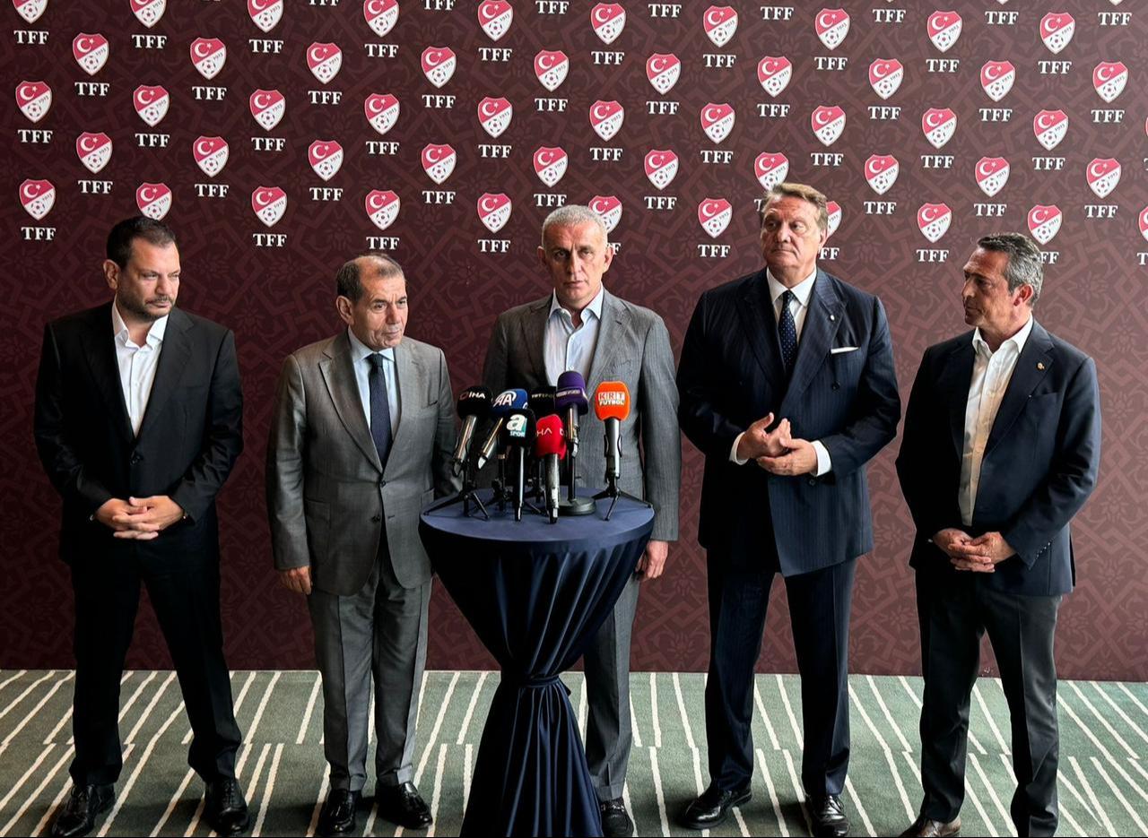 Türkiye Football Federation (TFF) President Ibrahim Haciosmanoglu (center) met the presidents of 4 major Turkish clubs: Fenerbahce President Ali Koc (right), Besiktas President Hasan Arat (second from right), Galatasaray President Dursun Ozbek (second from left), and Trabzonspor President Ertugrul Dogan (left), at TFF's Riva facilities, October 17, 2024. (AA Photo)