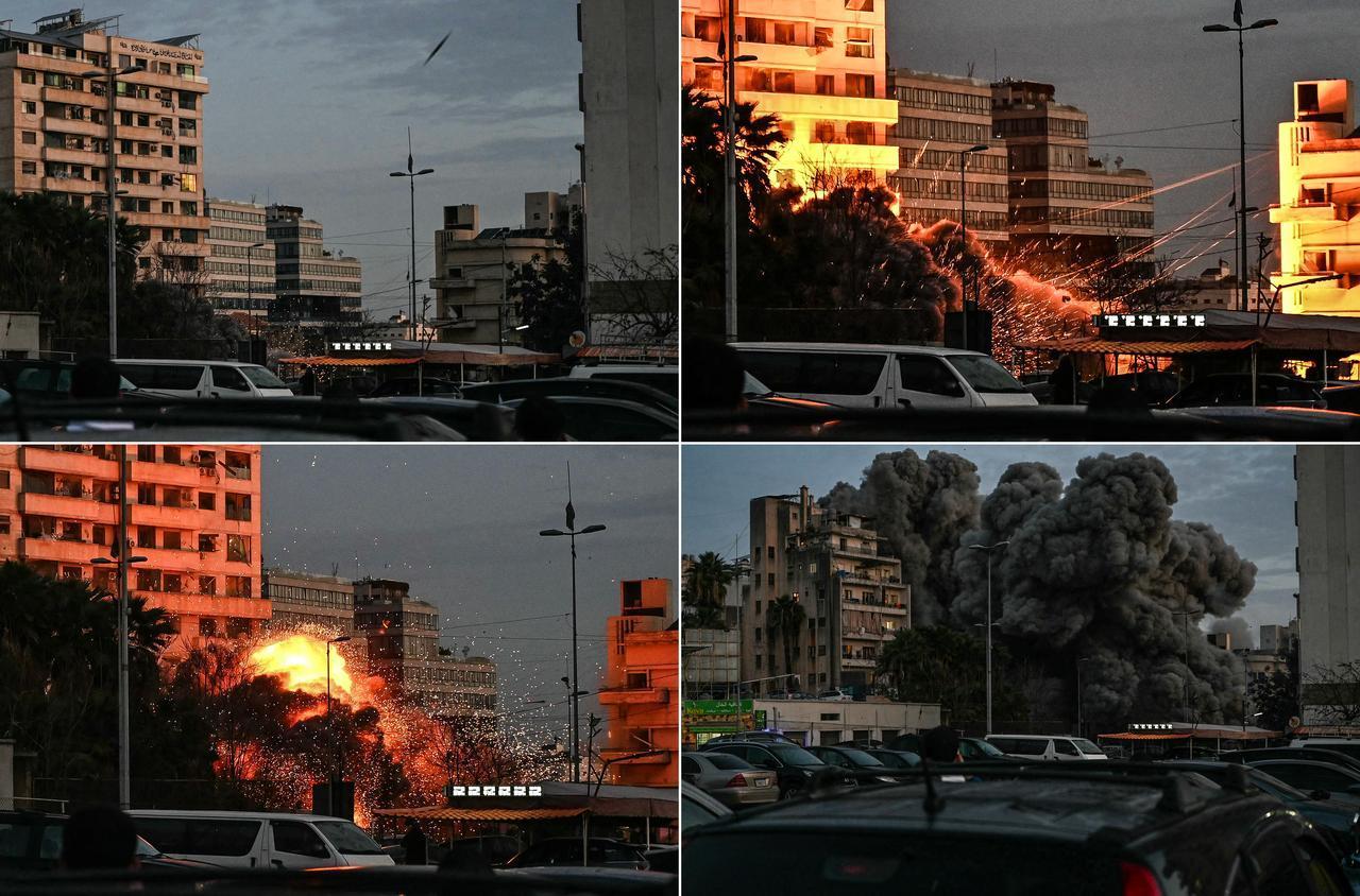 This combination of pictures shows an Israeli airstrike targeting a building in Beirut’s Bashoura neighborhood early on March 18, 2026. (AFP Photo)