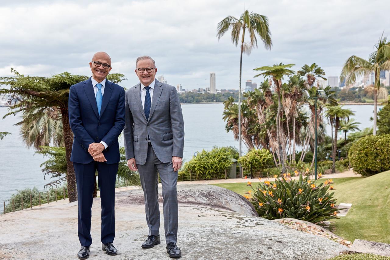Australian Prime Minister Anthony Albanese (R) and Microsoft CEO Satya Nadella pose during a meeting in Australia, April 23, 2026. (Photo via news.microsoft.com)