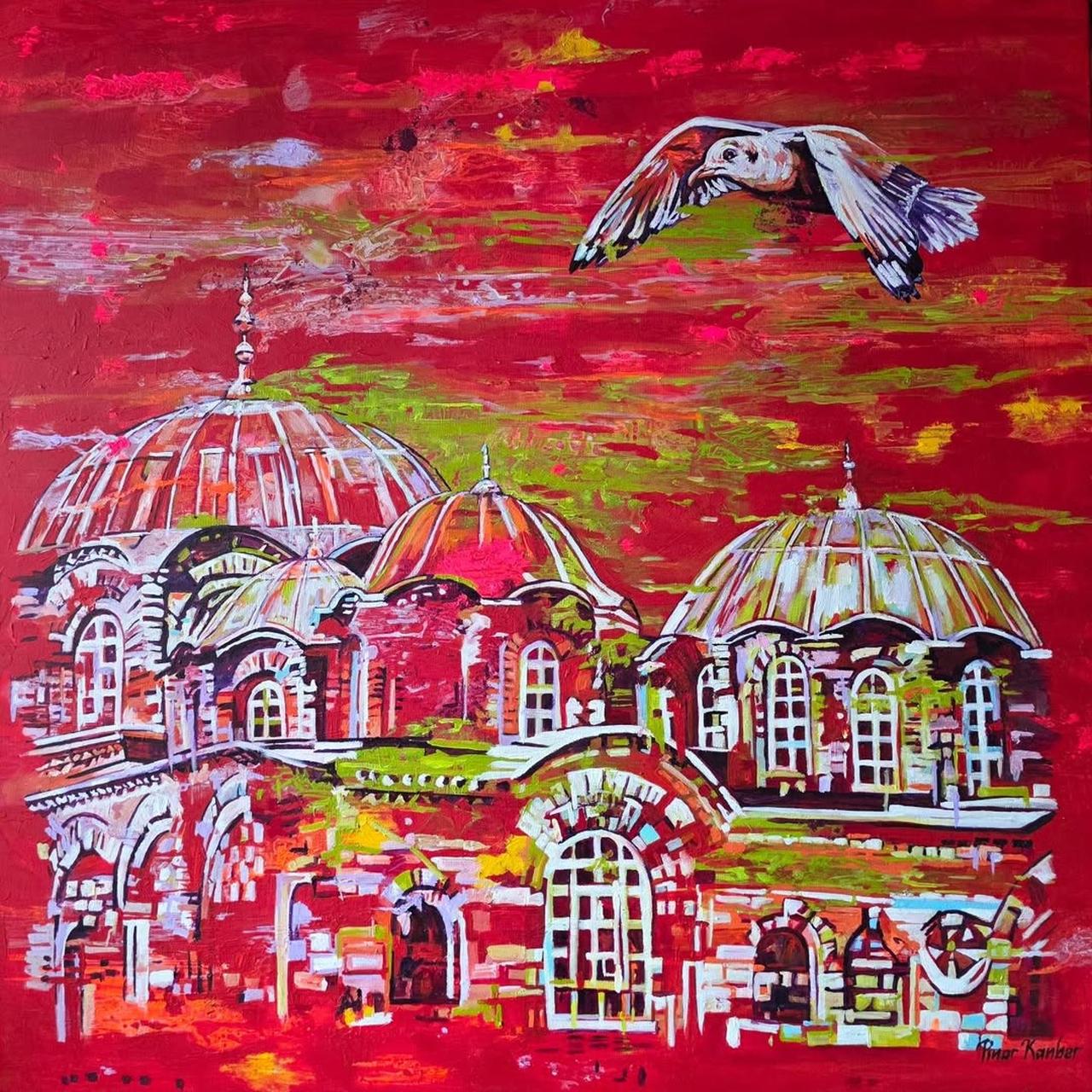 Deep red tones illuminate ancient mosque domes in this striking urban composition, Istanbul, Türkiye, April 23, 2026. (Photo via Instagram / @pinarkanber.artstudio)