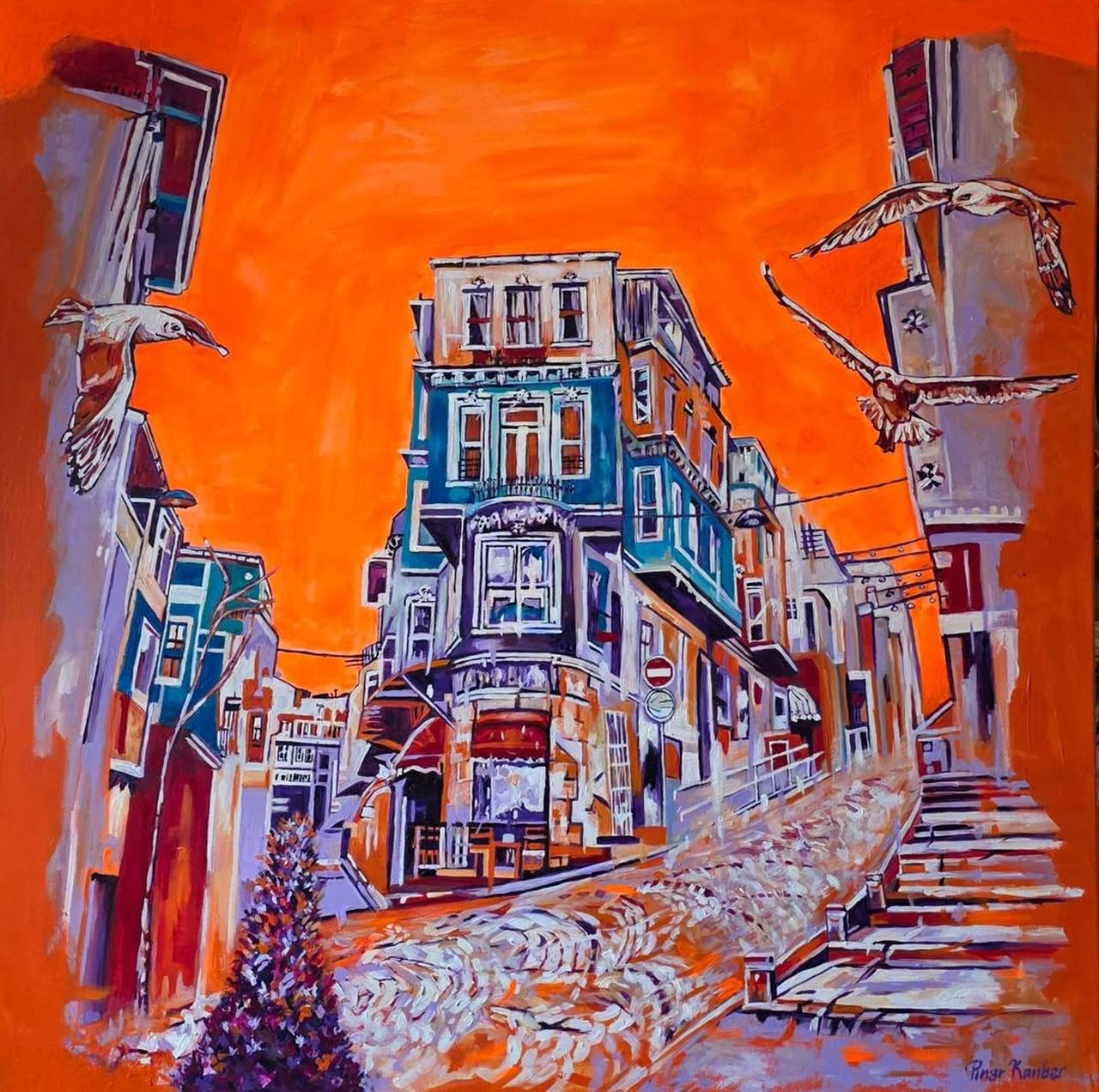 Vibrant orange light bathes a steep street where seagulls soar between colorful buildings, Istanbul, Türkiye, April 23, 2026. (Photo via Instagram / @pinarkanber.artstudio)