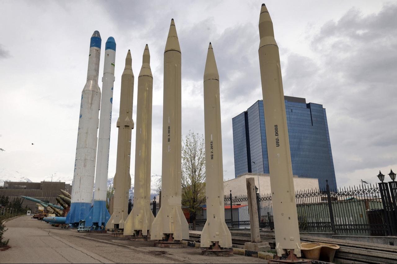 Mockups of domestically-made Iranian missiles are displayed at an exhibition outside the Defence Museum in Tehran, Iran on March 31, 2026. (AFP Photo)