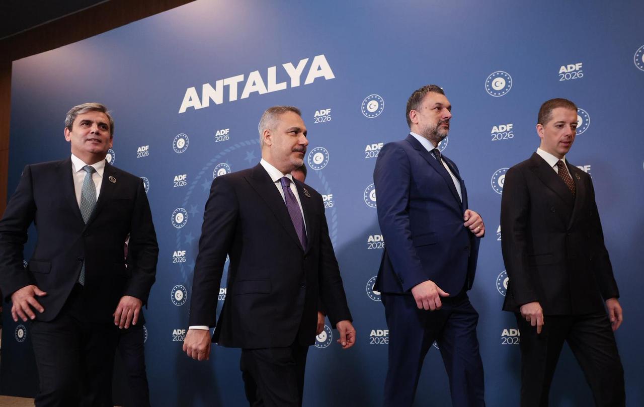 Turkish Foreign Minister Hakan Fidan (2nd L) hosts the Third Balkan Peace Platform Foreign Ministers’ Meeting during the Antalya Diplomacy Forum in Antalya, April 18, 2026. (Photo via Turkish Foreign Ministry/HO)