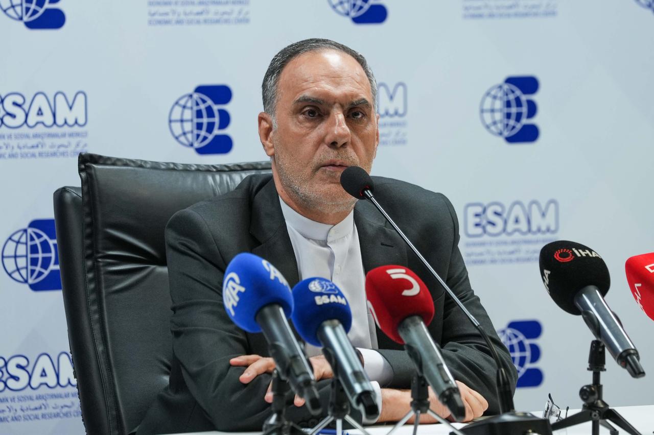 Iran's Ambassador to Ankara, Mohammad Hassan Habibollahzadeh, speaking at the Economic and Social Research Center in Ankara, Türkiye, on April 22, 2026. (AA Photo)