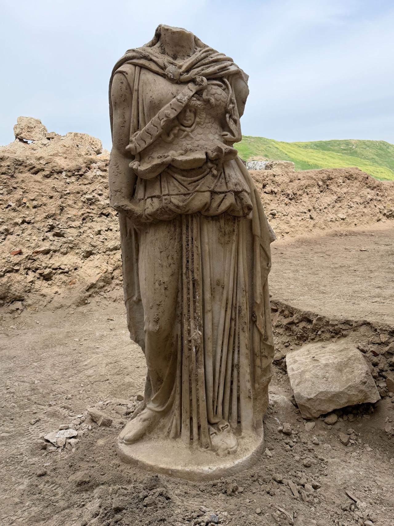 Marble statue of Athena stands at the excavation site in Laodicea Denizli, Türkiye, April 23, 2026. (AA Photo)