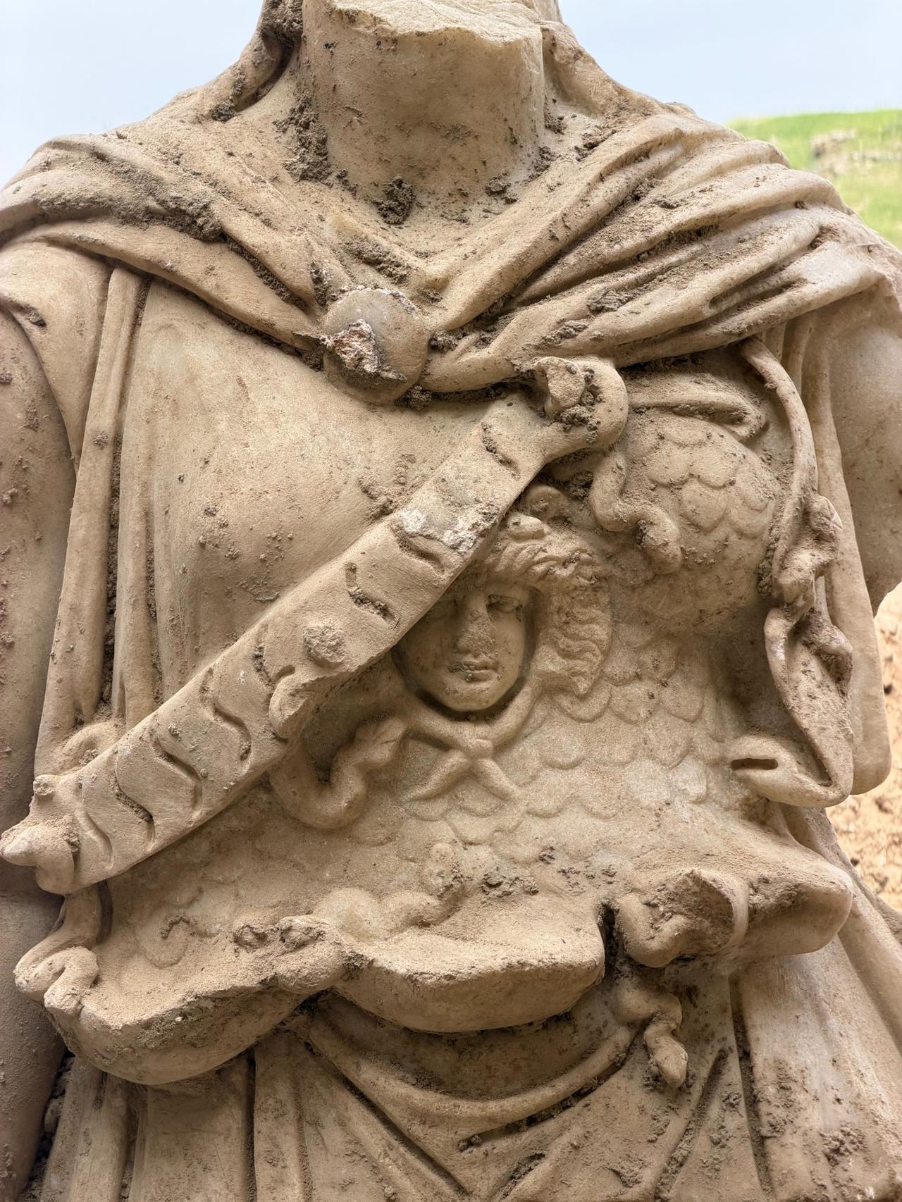 Sophisticated carvings define the torso of the newly discovered goddess statue in Laodicea, Denizli, Türkiye, April 23, 2026. (AA Photo)